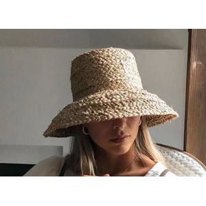 01904-HH7330 Handgemaakte raffia weven Hepburn stijl Lampenkap vorm dame platte emmer hoed Outdoor vrouwen strand cap