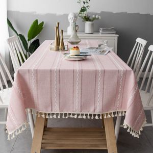 Nordic Roze Hollow Geborduurde Jacquard Gestreepte Rechthoek tafelkleed Kerst Tafelkleed Katoen Eettafel Cover Deco