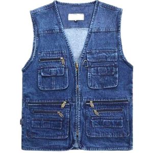 Denim Blauw Outdoor Cargo Vest Mannen Brand Casual Multi Pocket Rits Heren Jean Vesten Voor Vissen Fotografie