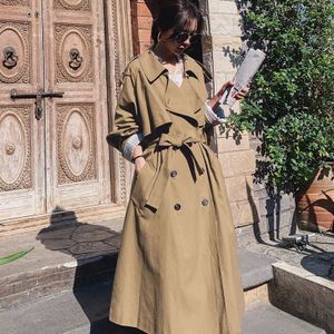 Herfst Vrouwen Trenchcoat Met Riem Drouble Breasted Vrouwen Kleding Lange Kaki Jas Casaco Feminino Abrigo Mujer Geul Femme