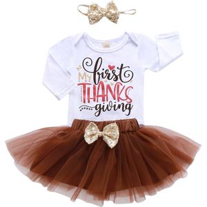 Pasgeboren Baby Meisjes Thanksgiving Brief Gedrukt Romper Top Layer Mesh Rok Hoofdband Kleding Sets Outfits