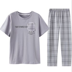 Lente Zomer Pyjama Mannen Casual Plaid Pyjama Sets Mannelijke Katoen Nachtkleding Pak Mannen Korte Mouw Ronde Kraag T-shirt & Broek