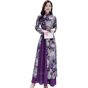 Traditionele Vietnam Vrouw Retro Ao Dai Elegante Chinese Stijl Cheongsam Vintage Bloemen Festival Wedding Avond Qipao Jurk