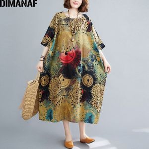 Dimanaf Plus Size Jurk Vrouwen Kleding Strand Zomer Zonnejurk Linnen Print Elegante Dame Vestidos Losse Lange Jurk Oversize 5XL 6XL