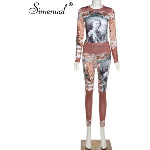 Simenual Bodycon Bodysuit En Leggings Tweedelige Sets Voor Vrouwen Esthetische Afdrukken Lange Mouw Sportief Casual Fall Outfits