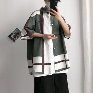 Houzhou Mannen Koreaanse Fashions Harajuku Plaid Korte Mouwen Zomer Mens Vintage Streetwear Oversized Shirt Man Tees