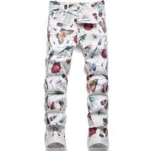 Mannen Stars Print Witte Jeans Casual Slim Gekleurde Tekening Paiting Stretch Denim Broek