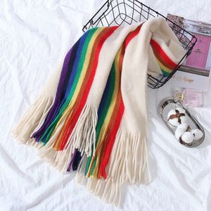 Vrouwen Meisjes Regenboog LGBT Verticale Gestreepte Patchwork Oversized Sjaal Met Kwastjes Winter Warme Deken Wraps 190*40cm