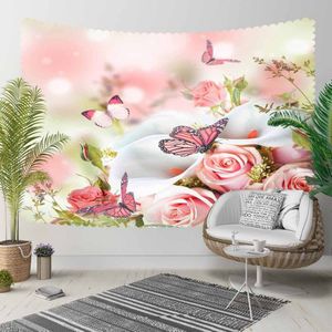 Anders Wit Roze Rozen Bloemen op Vlinder Bloemen 3D Print Decoratieve Hippi Bohemian Muur Opknoping Landschap Tapijt Muur Art