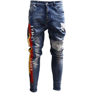 Heren Skinny Ripped Jeans Streetwear Blauw Jean Streep Broek Voor Cowboys Mannen