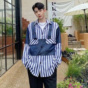 Mannelijke Streetwear Hip Hop Shirt Mannen Denim Splice Streep Lange Mouwen Casual Loose Shirt