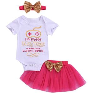 0-24M Baby Peuter Kinderen Meisjes Brief Print Romper + Tutu Rok + Strik Baby Outfits Kleding 3 stks/set Baby Meisje Schattige Jurk