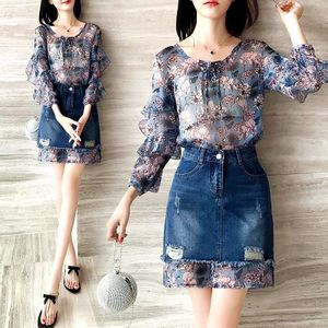 Vrouwen Zomer Lente Ruches Mouwen V-hals Lace-Up Kraag Lange Bloemen Gedrukt Blouses Tops En Denim Rok Pak sets CC072