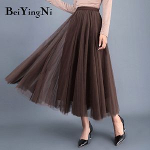 Beiyingni Volwassen Tule Rok Vrouwen Mesh Hoge Taille Vintage Luxe Koreaanse Casual Tutu Rokken Elegante Lange Rokken Jupe Femme Faldas