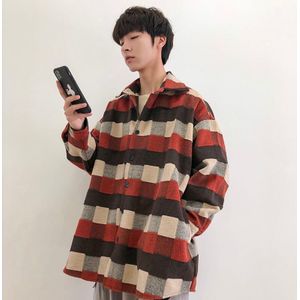 Herfst Tartan Jas Mannen Mode Contrast Kleur Retro Casual Wollen Jasje Streetwear Wilde Losse Lange Wollen Jas Mannen m-2XL