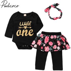 Gloednieuwe Peuter Baby Meisjes Herfst Kleding Sets 3 stks 1st Verjaardag Brief Bloemen Zwart Romper + Verdeeld rok + Hoofdband