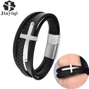 Cross Charm Armband Multi Layer Leather Rope Rvs Sluiting Mannen Manchet Bangle Business Casual Mannelijke Sieraden Polsbandje