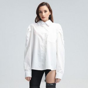 Twotwinstyle Casual Losse Shirt Voor Vrouwen Revers Puff Lange Mouwen Ruches Witte Minimalistische Shirts Vrouwelijke Mode Kleding