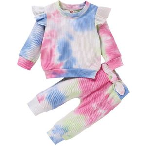 Tie Stervende Kinderen Trainingspak 2 Stuks Baby Meisje Jongen Herfst Lente Outfits Tie Dye Print Lange Mouw Ruches T-shirt + strik Broek Set