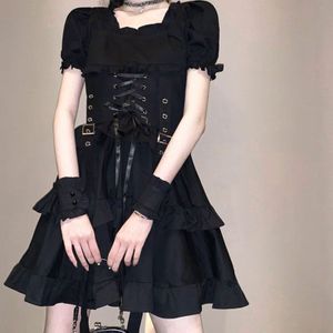 Victoriaanse Renaissance Black Gothic Lolita Jurk Japanse Meisje Vintage Punk Stijl Bladerdeeg Mouw Bandage Mini Jurk Vrouwen Jurken