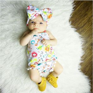 Pasgeboren Baby Meisje Kleding Zomer Bloemen Romper Backless Halter Jumpsuit Kwastje + Hoofdband 2 stks Outfits Sunsuit Set