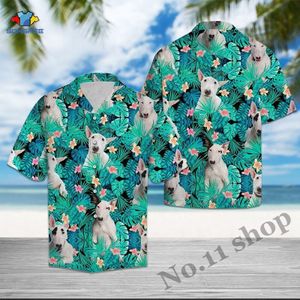 Bull Terrier Tropische Hawaiiaanse Overhemd Zomer Strand Palmboom Shirts Bloemen 3D Bladeren Korte Mouw Kleding