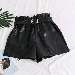 Hoge Taille Elasticiteit PU Lederen Shorts Vrouwen Cool Punk Sjerpen Korte Broek Ademend Mode Losse Elastische Taille Shorts