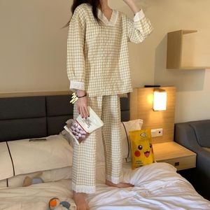 Pajama Sets Plaid V-Neck Sleepwear Lace Patchwork Sweet Loose Breathable Korean Ulzzang Kawaii Womens Home Wear Leisure Chic