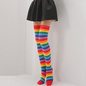 Regenboog Strepen Lange Vrouwen Meisjes Kawaii Lolita Katoen Lange Gestreepte Dij Hoge Kous Anime Strip Zebra Cosplay Over Knie Sokken