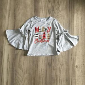 Girlymax Fall/Winter Grey Vrolijk Kerstboom Baby Meisjes Boutique T-shirts Kleding Flare Mouwen Katoenen Top Kinderen Raglans