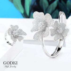 Godki Grote Luxe Zilver Kleur Bangle Ring Sets Voor Vrouwen Wedding Cubic Zirkoonkristal Engagement Dubai Bruids Sieraden Sets