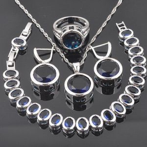 Kerstcadeaus Blue Zircon Ronde Zilveren Kleur Sieraden Sets Voor Vrouwen Oorbellen Ringen Ketting Hanger QS0371