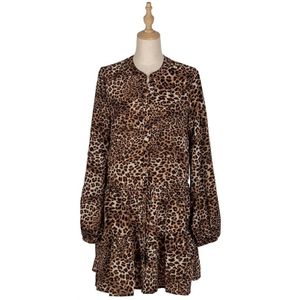 Benuynffy Notch Hals Knop Voorzijde Luipaard Print Shirt Jurk Vrouwen Lantaarn Mouw Ruche Zoom Losse Kiel Mini Jurk Lente