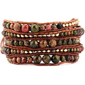 Afgestudeerd Natuurlijke Stenen Met Goud Kralen 5 Strengen Weave Lederen Wrap Armband Multi Gelaagde Vintage Armbanden