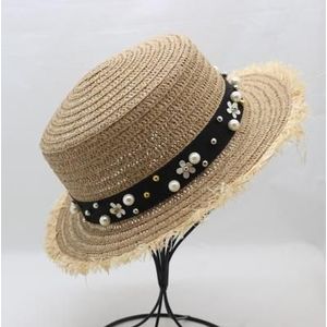 Mooie Platte Top Strohoed Zomer Lente vrouwen Panama Cap leisure Pearl Strand Zon Hoeden Ademend Mode Bloem Meisje hoeden