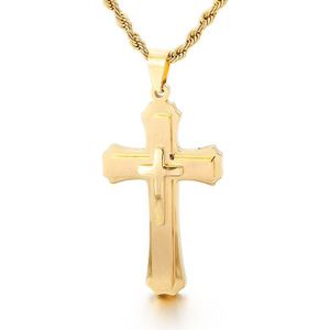 Cross Ketting Voor Mannen Gold Filled Rvs Dubbele Laag Kruis Hanger Ketting Eenvoudige Religieuze Sieraden Voor Zoon Jongen