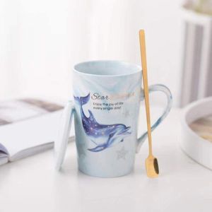 2022 Eenvoudige Cup Keramische Leuke Luxe Mok Met Deksel Lepel Paar Water Cup Koffiekopje Dolfijn Print