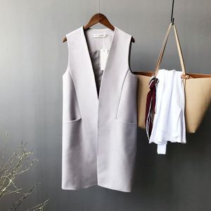 Lugentolo Vrouwen Vest Herfst Eenvoudige Slim Temperament Zwart Medium Lange V-hals Casual Mouwloze Eenvoudige Pocket Vest Jassen