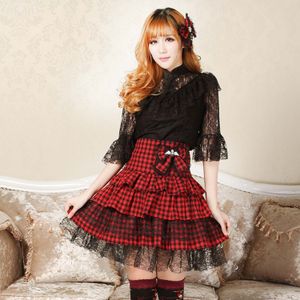 Zoete College Stijl Punk Plaid Zwart en Rood Gelaagde Rok