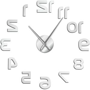 Achterwaarts 3D DIY Grote Wandklok Moderne Reverse Nummers Frameloze Tijd Horloge Luxe Spiegel Effect Grote Naald Omgekeerde Klok