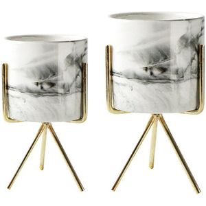 2 Stuks Nordic Thuis Minimalistische Stijl Marmeren Vaas Smeedijzeren Tafelblad Succulent Bloem Pot Goud + Witte Keramische, S & M