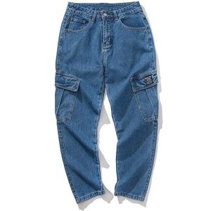 Streetwear Blauwe Jeans Broek Mannen Mannen Zakken Hip Hop Overalls Cargo Broek Mannelijke Losse Mode Denim Harembroek