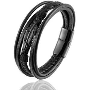 Wollet Mannen Angel Rvs Magneet Esdoornblad Zwart Gevlochten Lederen Armband Sieraden Armband