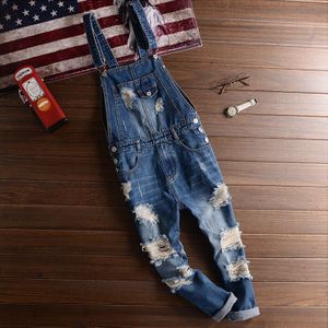 Modieuze Denim Jumpsuits Mannen Hip-Hop Streetwear Mannen Oude Denim Overalls En Overalls