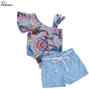 Pasgeboren Baby Meisjes Een Schouder Bloemen Body Sash Band Shorts 2 Stuks Set Zomer Boho Outfits