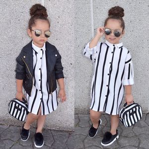 Mode Meisje Gestreepte Peuter Kid Jurk Lange Mouw Knoppen Shirt Jurken Kleding