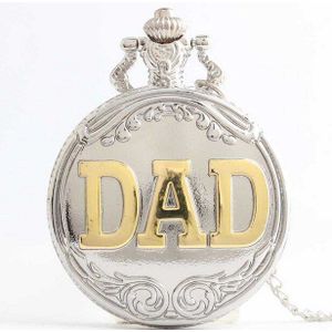 Zilveren Antieke Dad Patroon Quartz Zakhorloge met Ketting Hanger Fob Horloge Vaderdag Set met
