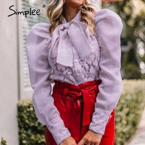 Simplee Casual Strikje Kant Vrouwen Blouse Shirt Hollow Out Bloem Vrouwelijke Vintage Blouse Tops Bladerdeeg Mouw Streep Dames Blouses