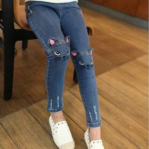 Focusnorm Kids Baby Meisje Broek Full Length Elastische Taille Kat Patroon Jeans Denim Broek Broek Outfits
