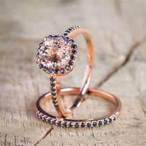 14k Rose Goud Diamanten Ring Zwart Obsidiaan Topaz Gemstone Anillos Bruiloft Bizuteria 14K Ringen Set Engagement voor Vrouwen sieraden
